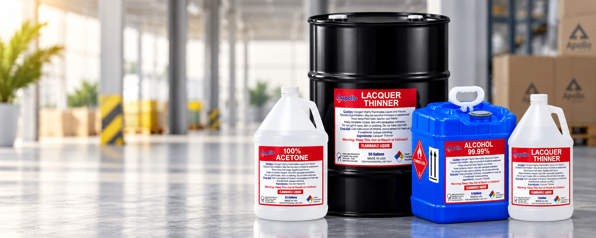 Wholesale chemical supplier Apollo Chemicals: acetone, alcohol and lacquer thinner containers